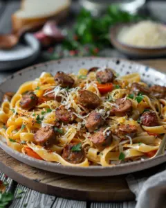 Delicious Cajun Sausage Pasta served with spices and herbs