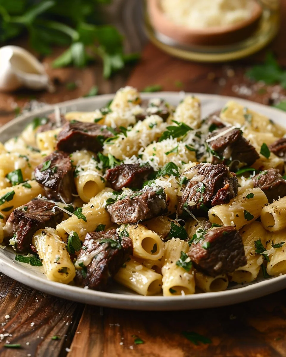 Cajun steak tips served with creamy Parmesan rigatoni on a plate.