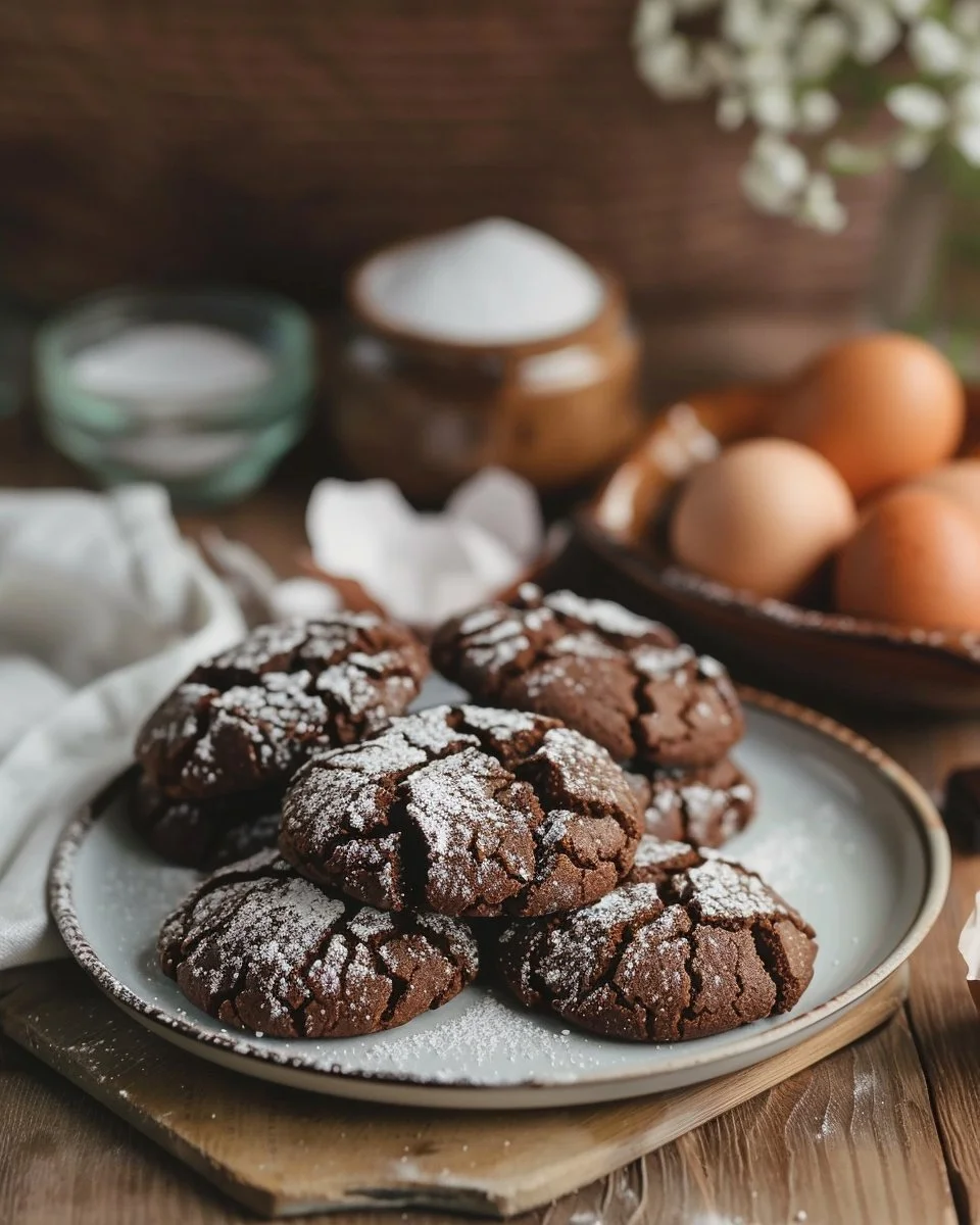 Delicious Chocolate Crinkle Cookies dusted with powdered sugar on a plate.