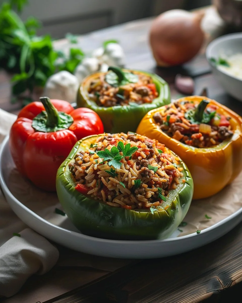 Delicious classic stuffed peppers filled with rice and ground meat.