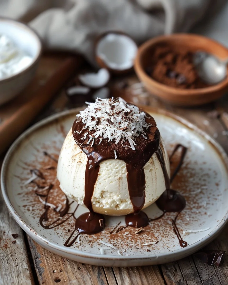 Coconut Dome with a rich layer of chocolate spread on top