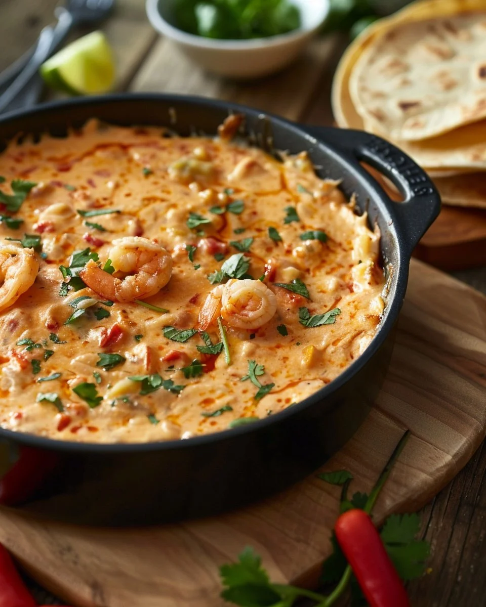 Delicious Crab Shrimp Queso served as a party snack with tortilla chips.