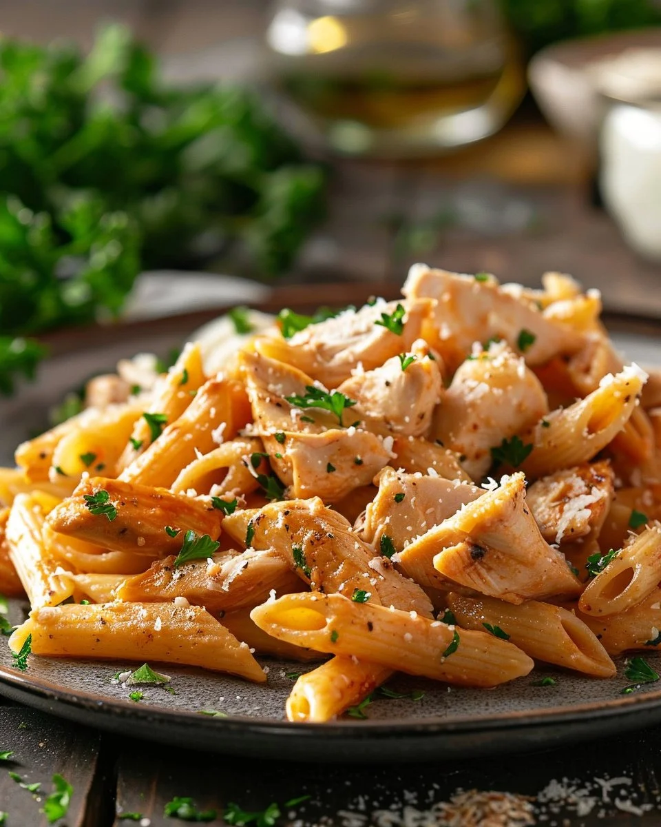 Healthy Garlic Parmesan Chicken Pasta served in a bowl with herbs and cheese