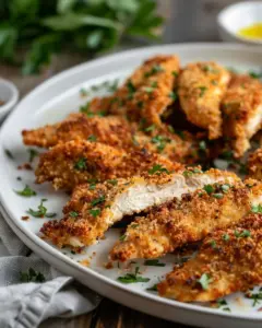 Homemade baked chicken tenders on a plate with dipping sauce