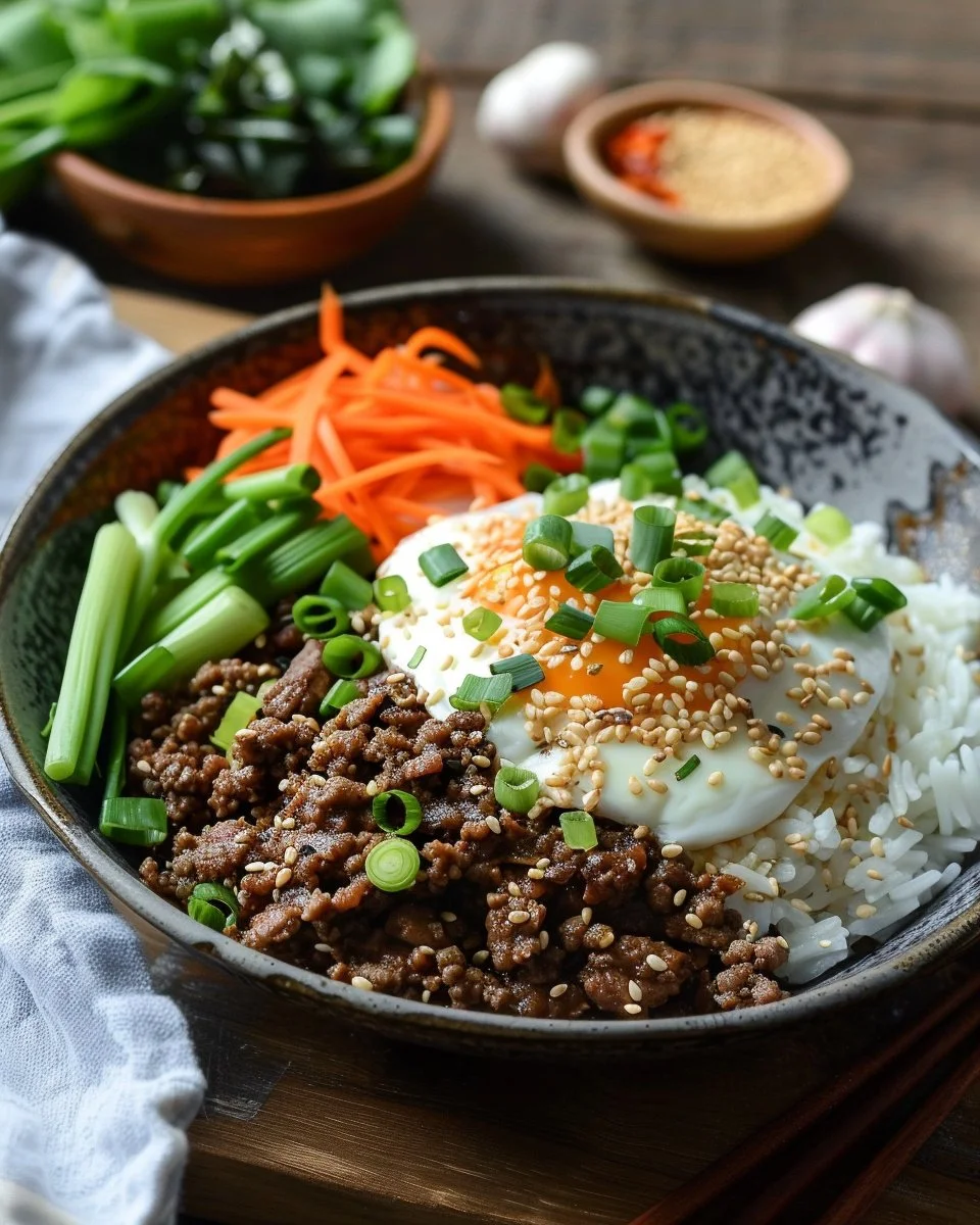 Savory Korean Ground Beef Bowl topped with fresh vegetables and sesame seeds