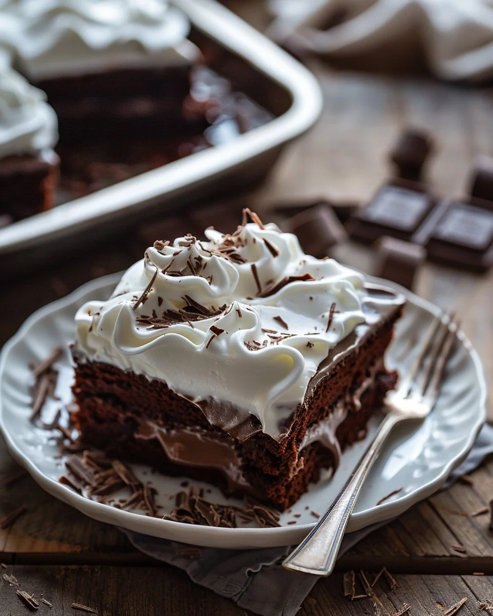 Moist chocolate sheet cake topped with whipped cream and rich ganache