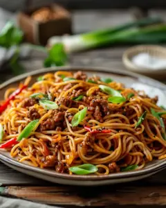 Delicious bowl of Mongolian ground beef noodles with vibrant vegetables
