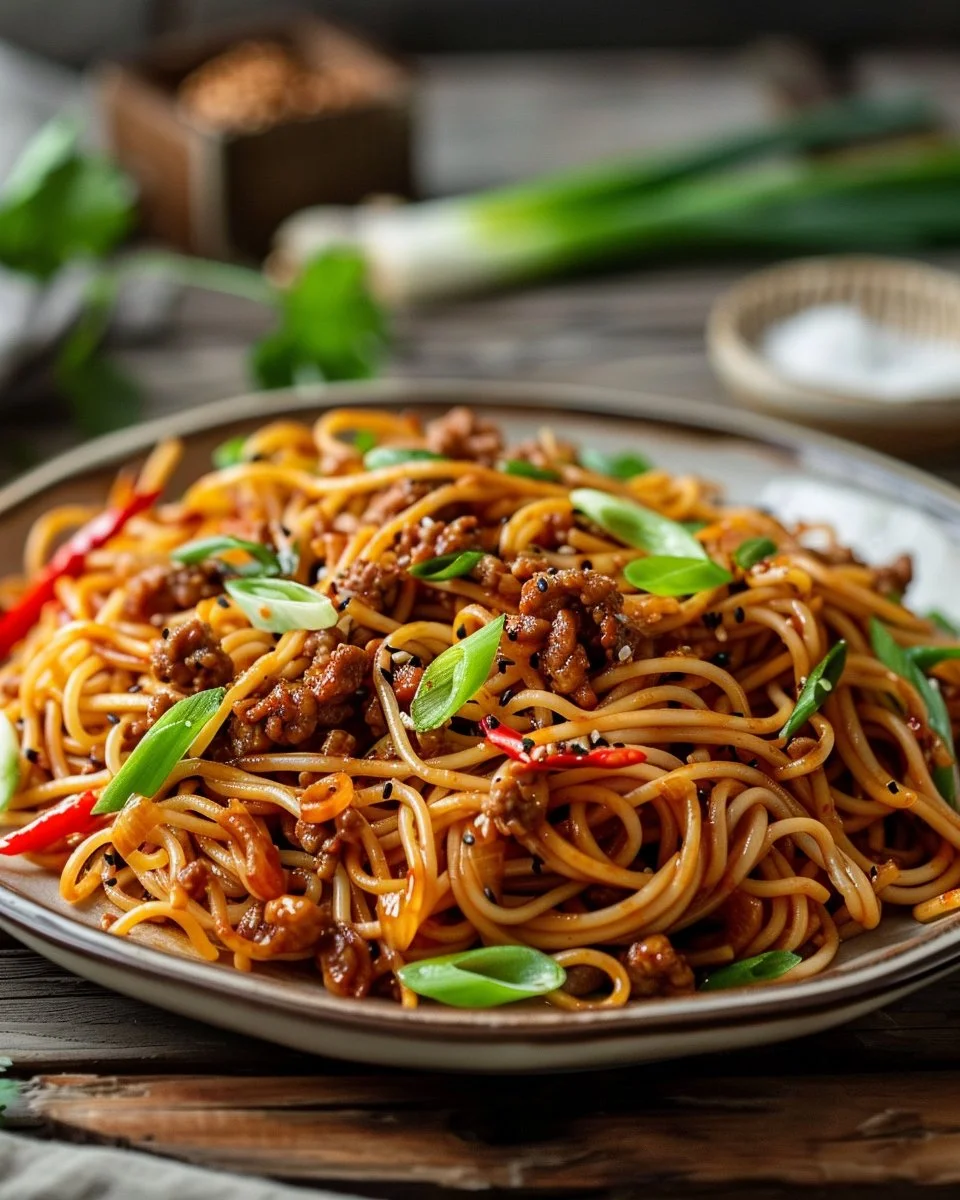 Delicious bowl of Mongolian ground beef noodles with vibrant vegetables