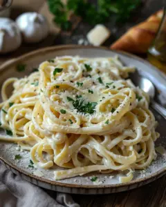 One Pot Creamy Garlic Pasta garnished with herbs