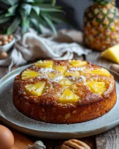 Delicious homemade pineapple cake with fresh pineapple slices on top
