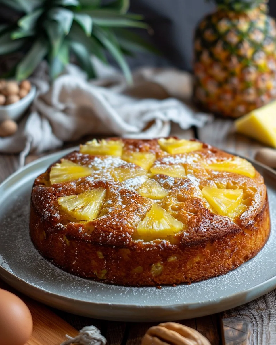 Delicious homemade pineapple cake with fresh pineapple slices on top