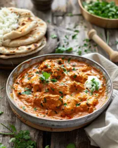 Delicious homemade butter chicken served with rice and naan bread.