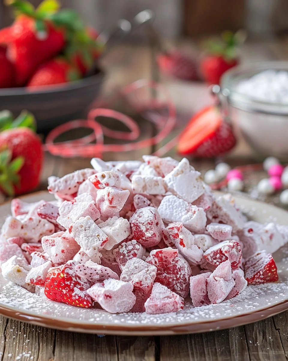 Quick Strawberry Shortcake Puppy Chow recipe featuring strawberries and creamy textures