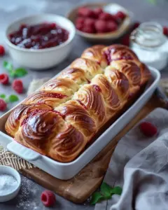 Freshly baked Raspberry Swirl Brioche Loaf with vibrant raspberry filling