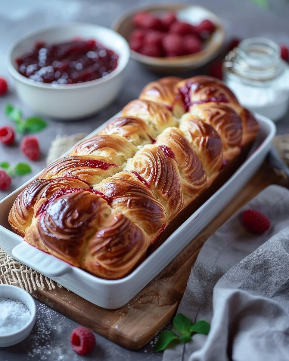 Freshly baked Raspberry Swirl Brioche Loaf with vibrant raspberry filling