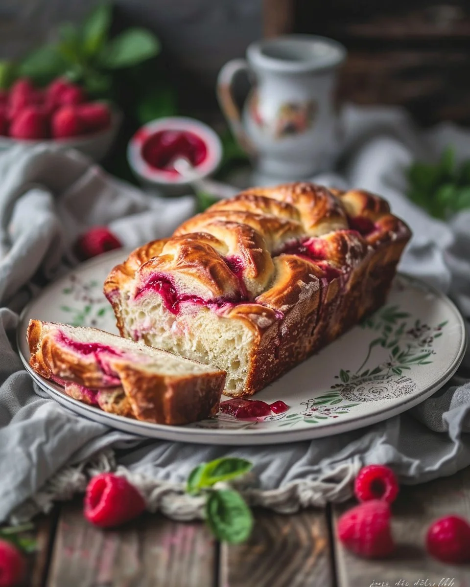 Raspberry Swirl Brioche Loaf with fresh raspberries and a golden crust