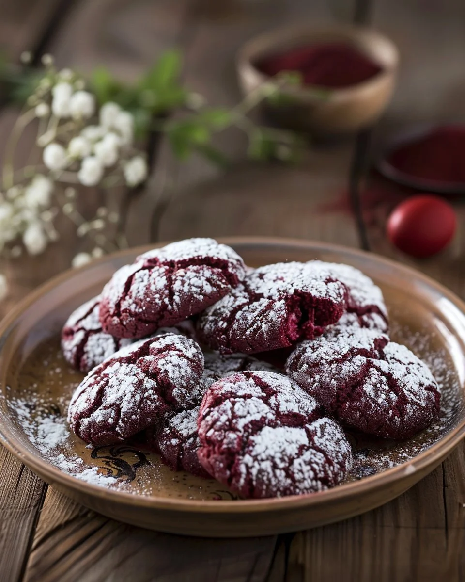 Freshly baked red velvet crinkle cookies dusted with powdered sugar