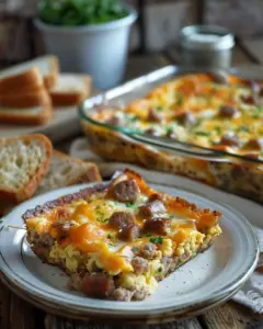 Delicious Sausage and Egg Casserole baked with cheese and herbs