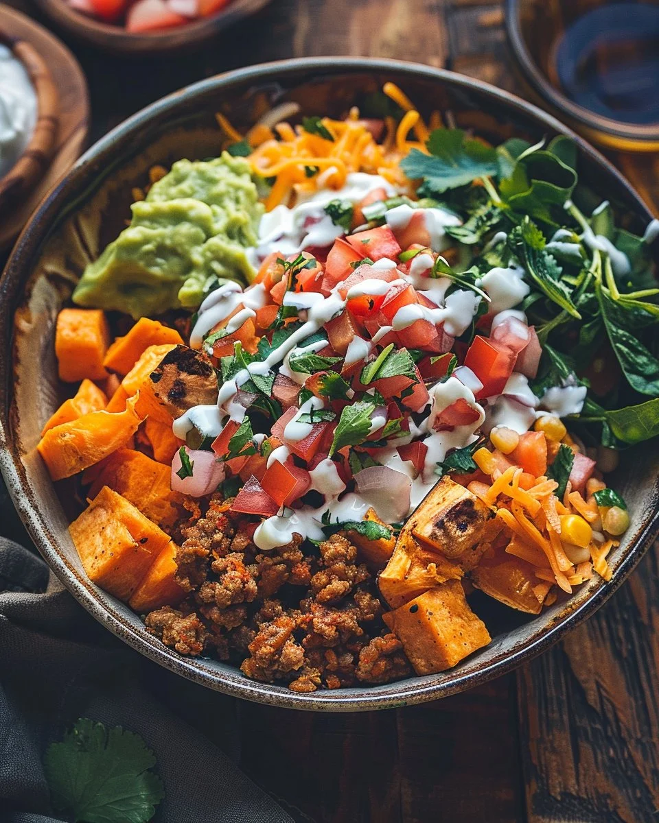 Colorful and delicious Sweet Potato Taco Bowl with fresh toppings and spices