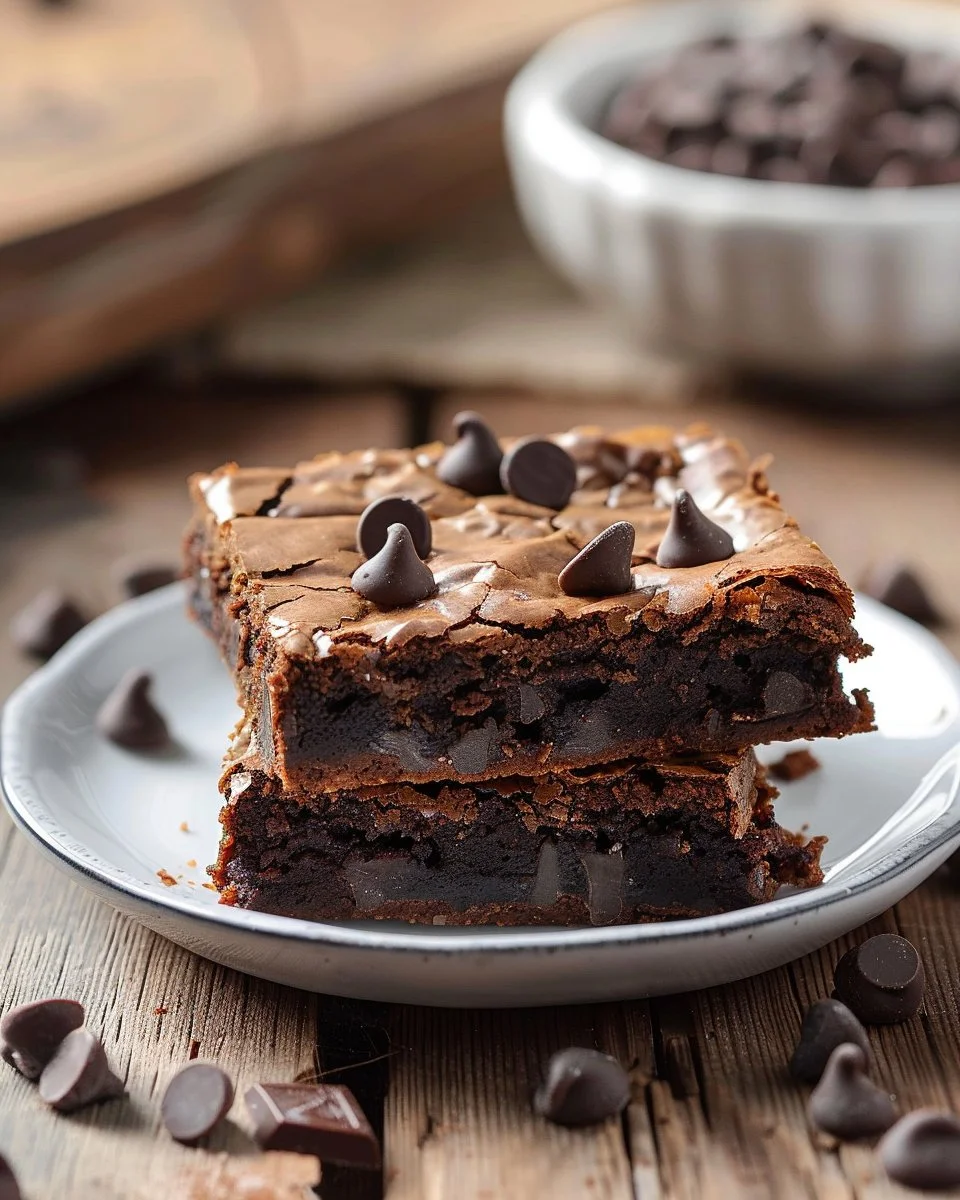 Delicious homemade brownies on a plate, showcasing rich chocolate texture.