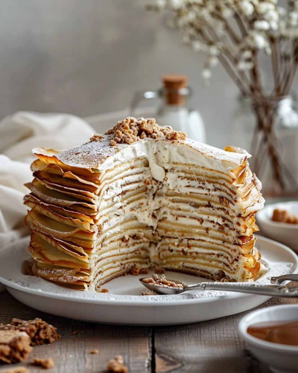 Vanilla & Speculoos Crêpe Cake with layers of crêpes and creamy filling