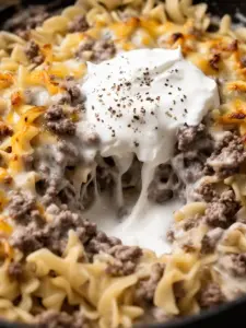 30-minute ground beef stroganoff served in a bowl with noodles and mushrooms