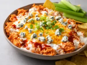 Buffalo Chicken Cheese Bake with melted cheese and spicy buffalo sauce