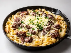 Delicious Cajun steak bites served with cheesy garlic pasta on a plate