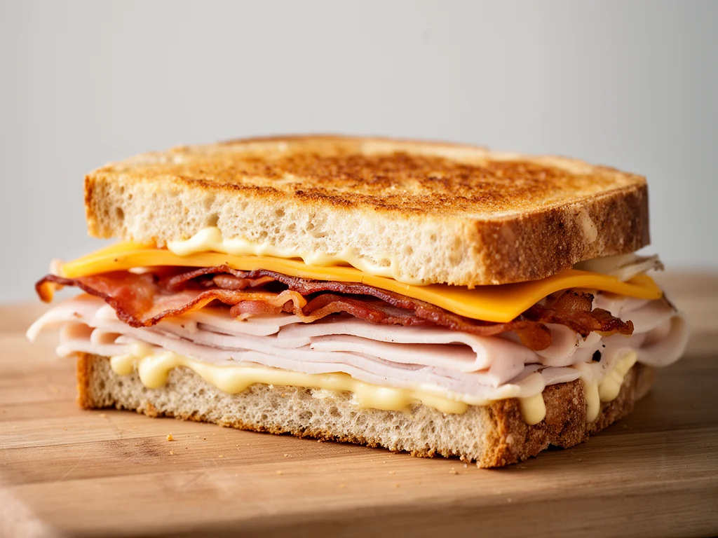 Cheddar and Bacon Turkey Melt on Sourdough sandwich with melted cheese and crispy bacon