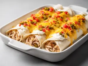 Delicious cheese chicken enchiladas bake served hot with toppings