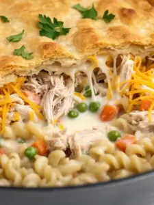 Classic Chicken Pot Pie Pasta topped with flaky crust and creamy chicken filling