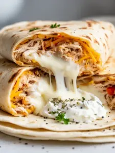 Cozy cheesy garlic chicken wraps recipe with fresh ingredients and savory flavors.