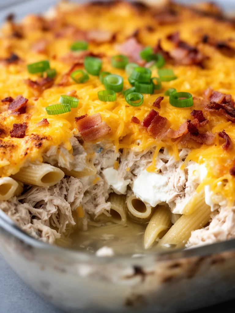 Creamy Crack Chicken Casserole with toppings of cheese and herbs.