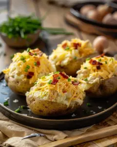 Delicious Crack Chicken Stuffed Baked Potatoes topped with cheese