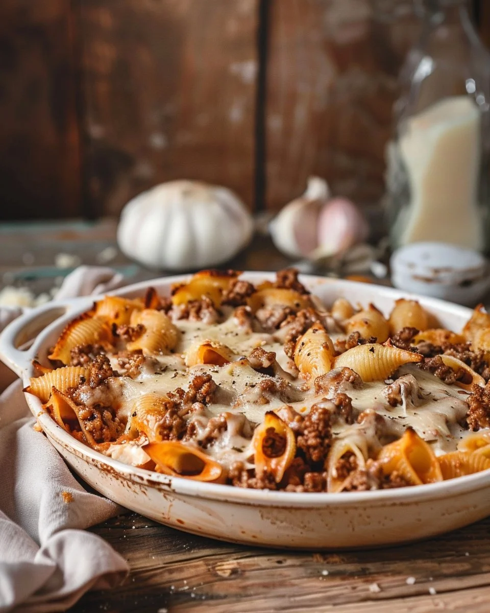 Creamy beef and shells pasta dish with cheese and herbs