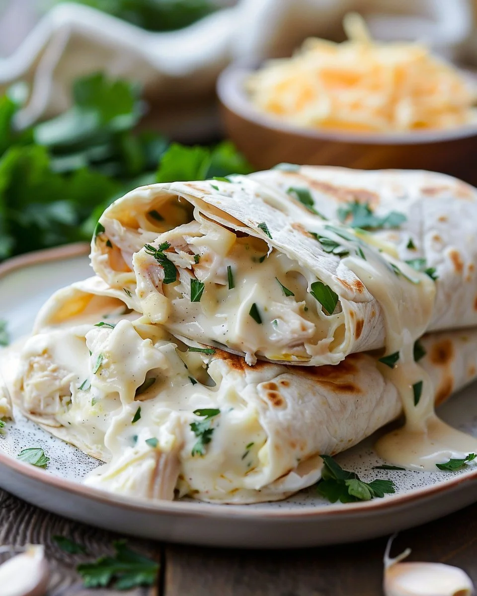 Creamy cheesy Chicken Alfredo wraps with fresh ingredients wrapped in a tortilla
