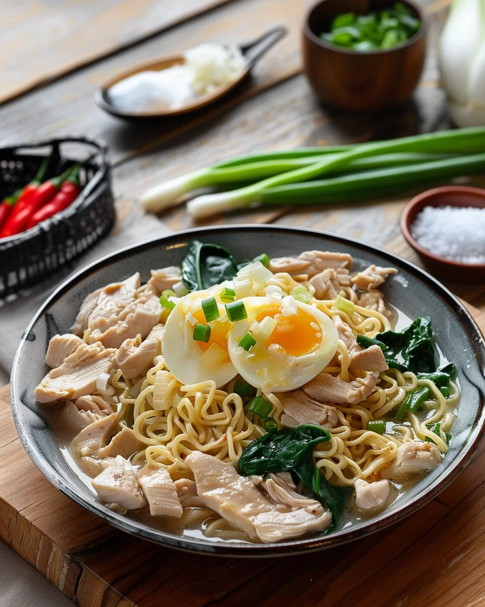 Creamy garlic chicken ramen in a bowl garnished with herbs and vegetables