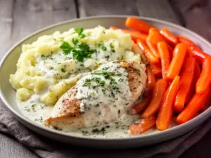 Creamy herb chicken served with mashed potatoes and glazed carrots on a plate.