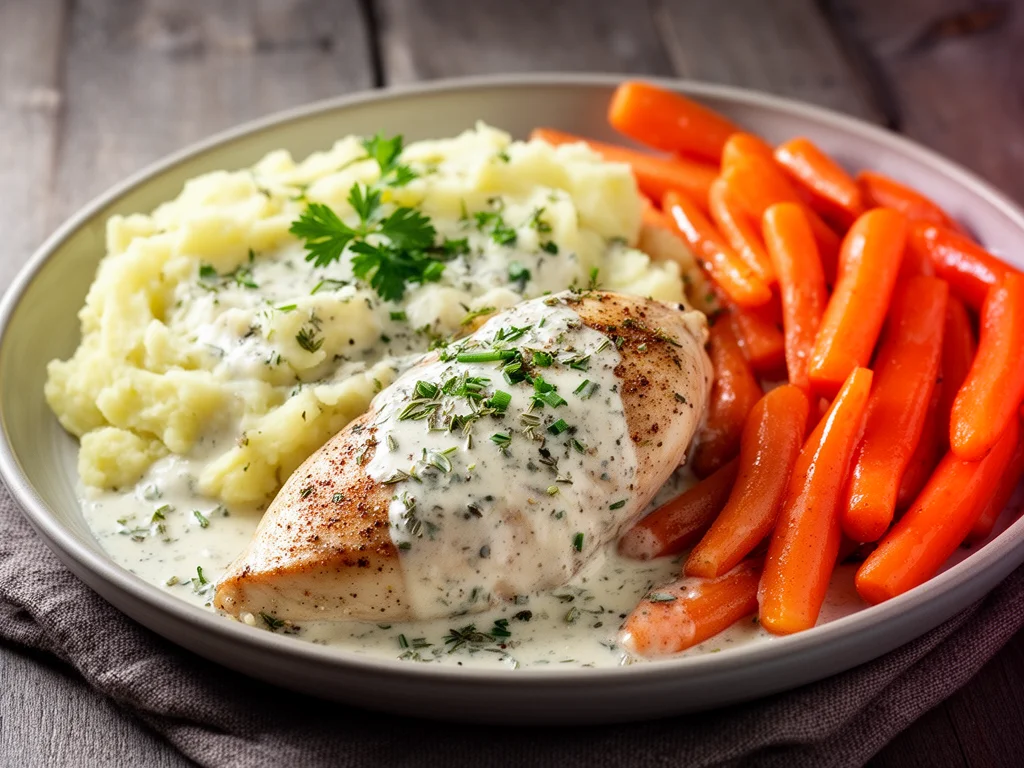 Creamy herb chicken served with mashed potatoes and glazed carrots on a plate.