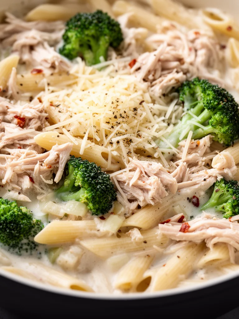 Creamy rotisserie chicken broccoli pasta in a bowl with fresh herbs