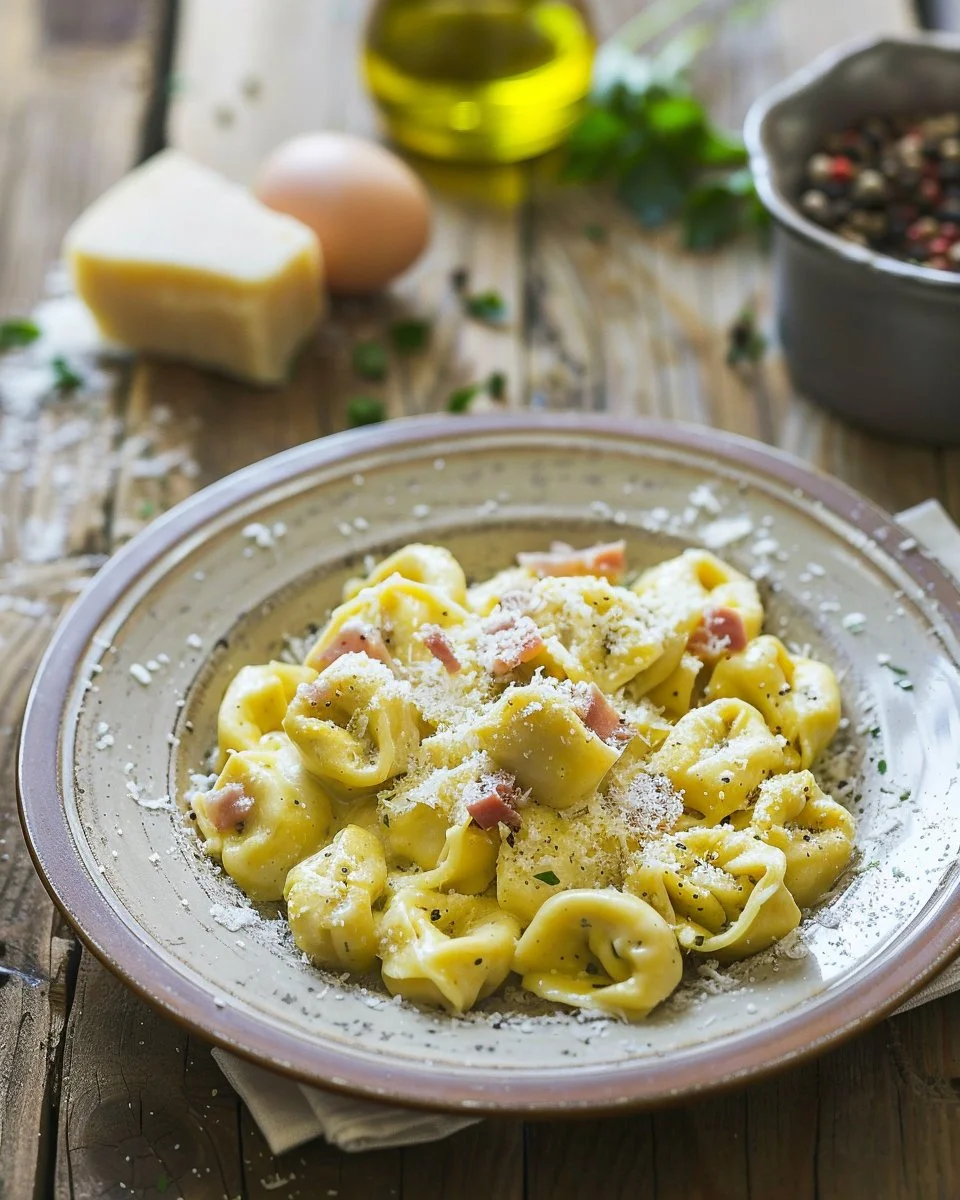 Creamy tortellini carbonara served in a bowl with herbs and cheese garnish.