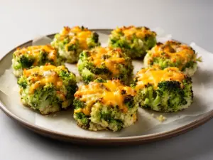 Crispy broccoli cheese rounds on a rustic wooden table