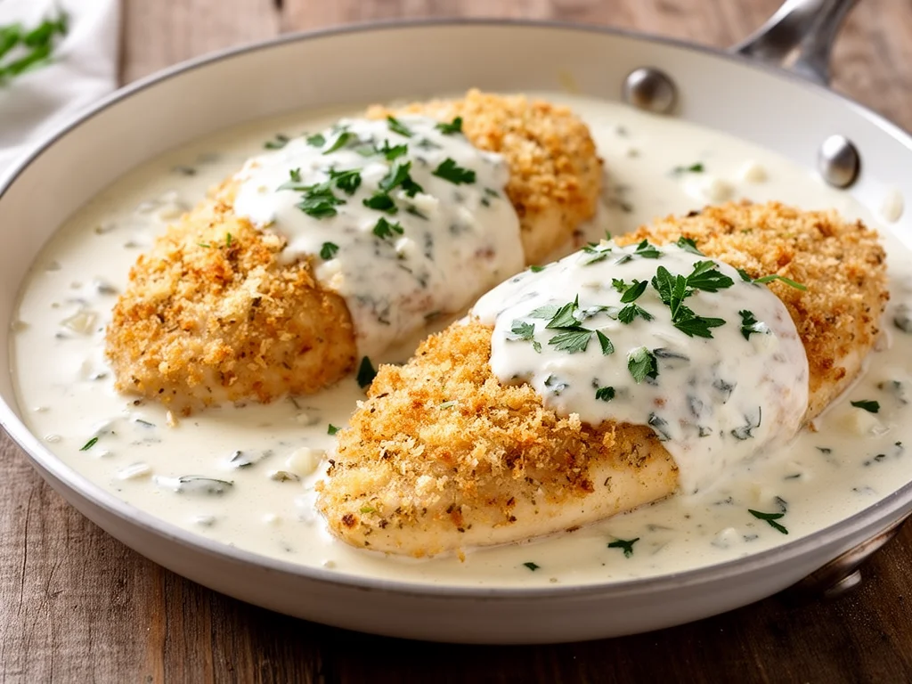 Crispy Parmesan Chicken with Garlic Cream Sauce