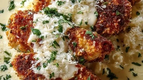 Crispy Parmesan Chicken with Garlic Cream Sauce