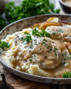 Delicious crockpot chicken and gravy served with mashed potatoes