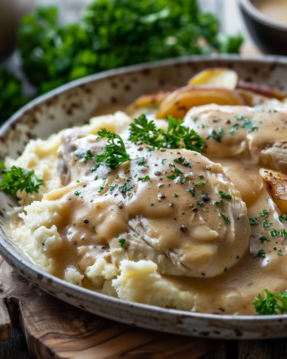 Delicious crockpot chicken and gravy served with mashed potatoes