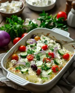 Dump-and-Bake Chicken Tzatziki Casserole served in a baking dish
