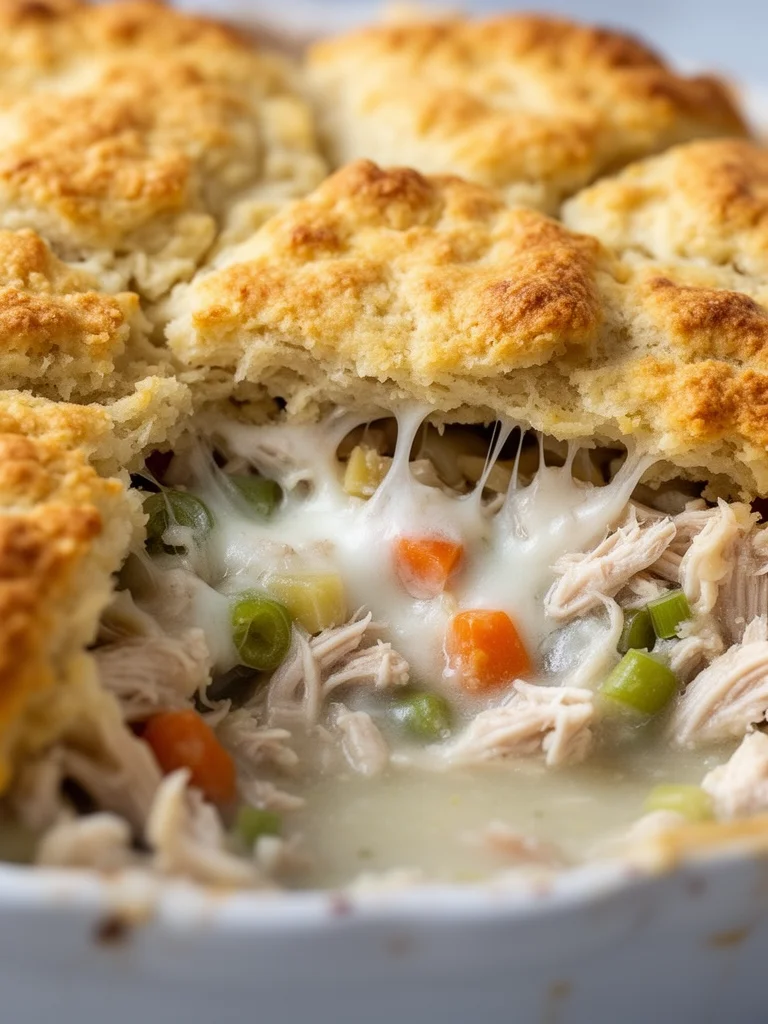 Savory chicken pot pie topped with flaky biscuits, showcasing a delicious recipe.