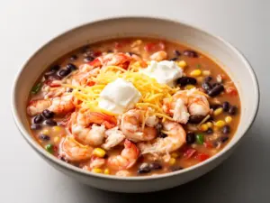 Bowl of creamy seafood and shrimp chili topped with fresh herbs
