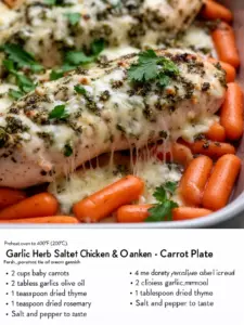 Plate of Garlic Herb Chicken with roasted carrots, garnished for presentation.
